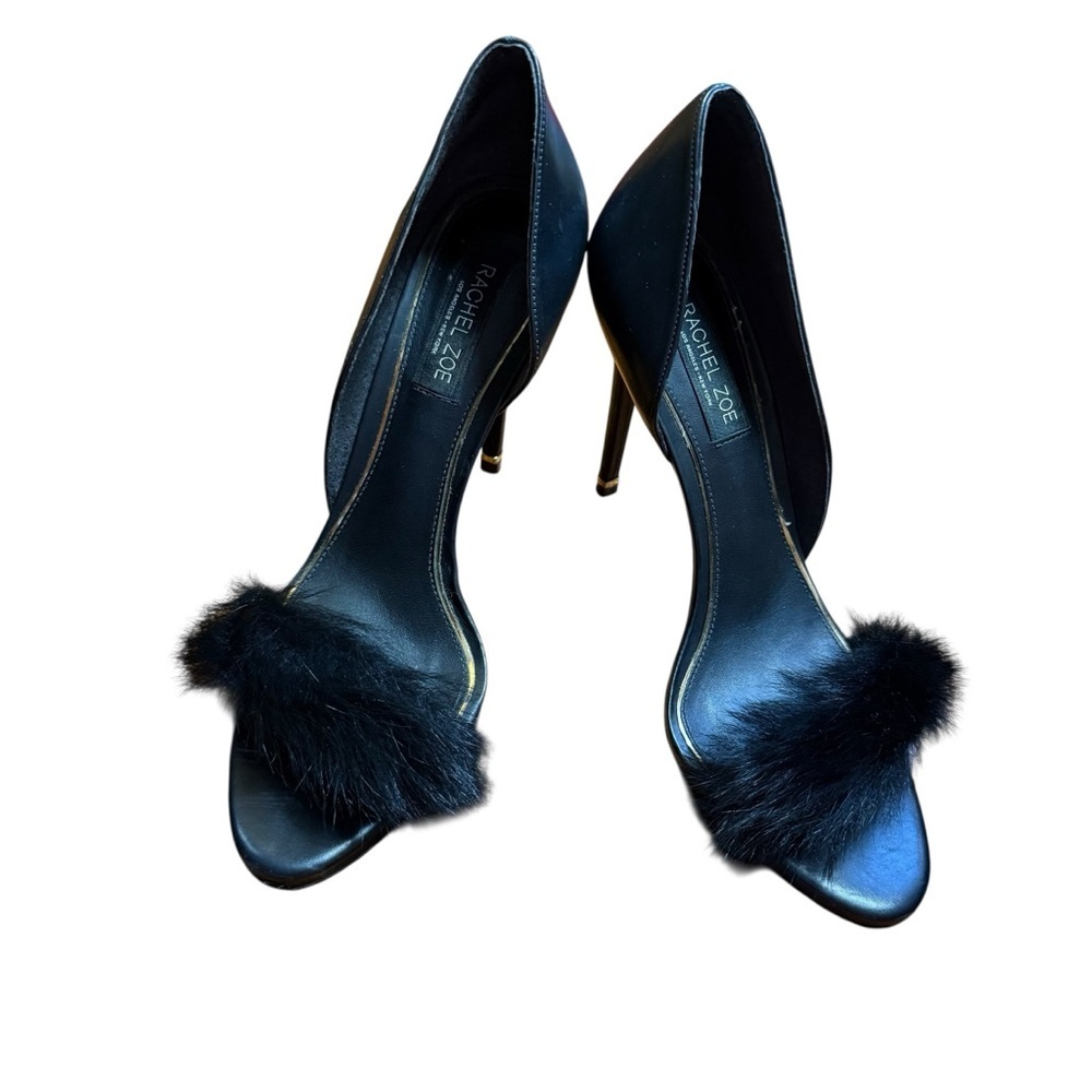 Rachel Zoe Black Fur Trim D'Orsay Stiletto Heels Size 7 Leather Designer Pumps